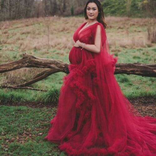 Red Maternity Dress Robes for Photo Shoot or Baby Shower Ruffle Tulle Chic Prom Dresses Nightgown Photography Robe