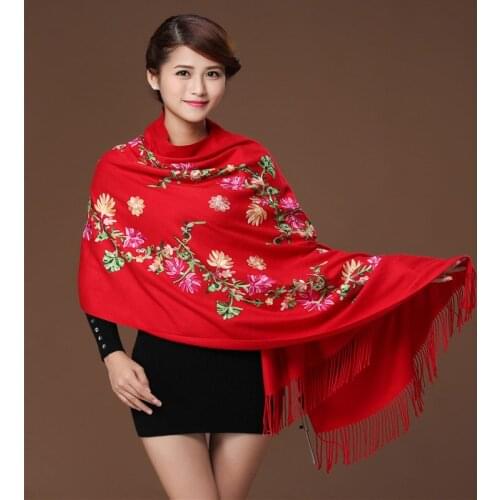 Red New Women s Embroider Flower Pashmina Cashmere Scarf Winter Warm Fine Tassels Scarf Shawl Fashion Shawl Scarves 111818