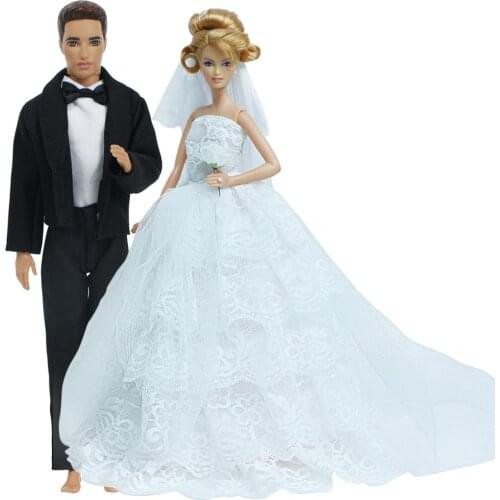 Handmade High Quality Bride Wedding Dress Lace Veil Bridegroom Wear Suit Shirt Trousers Clothes for Barbie Doll Accessories Toy