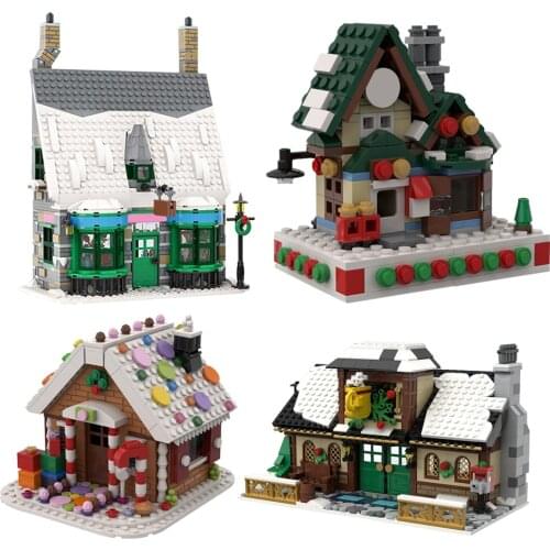 MOC Architecture Winter Series Christmas House Building Blocks Set Assemble Post Office Village Hut Toys For Children Xmas Gift