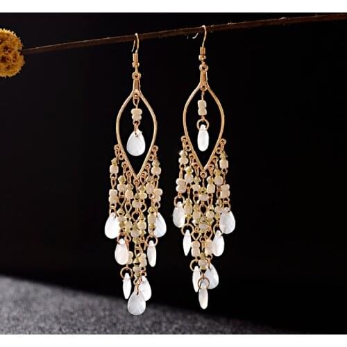 New Classic Trendy White Crystal Long Tassel Dangle Earrings For Women Hangers Fashion Earrings Beads Wedding Earrings