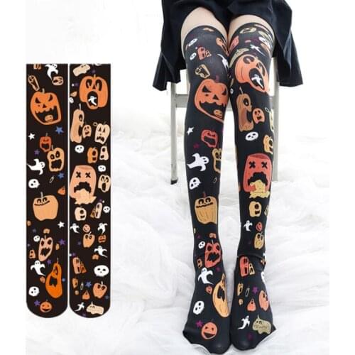 Halloween Pumpkin Ghost Print Super Cute Over-knee Stockings Velvet Women Girls Stockings JK Uniform Easy Match
