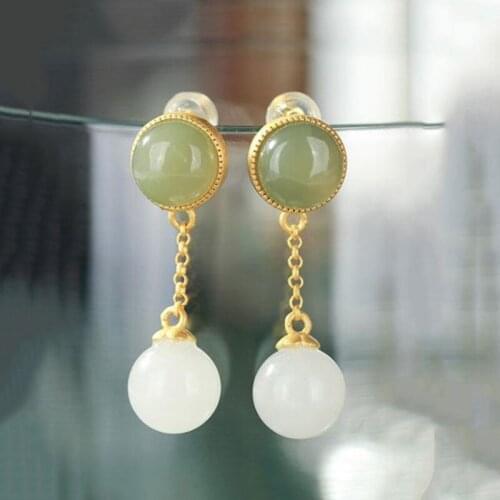 S925 Sterling Silver Inlaid Natural Hetian Gray Jade round Beads Baroque Style Personality Wild Earrings Womens Eardrops New Pr
