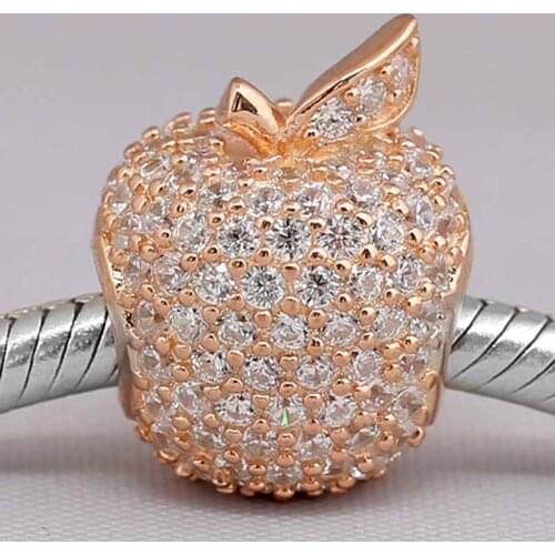 Original Rose Cute Pave Apple With Full Crystal Beads Fit 925 Sterling Silver Bead Charm Bracelet Bangle Diy Jewelry