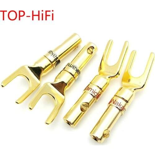 TOP-HiFi 8 pcs Audio Screw Fork Connecto Speaker Y Connector Adapter Nakamichi Brass Gold plated Y Spade Speaker Plugs