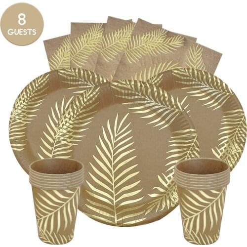 High Quality Stamping Gold Disposable Tableware Hawaii Palm Leaf Wedding Birthday Party Decor Festival Anniversary Party Supply