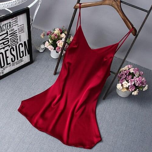Burgundy Sexy V-Neck Backless Nightgown Women Spaghetti Strap Nightdress Faux Silk Home Dress Intimate Lingerie Loose Sleepwear