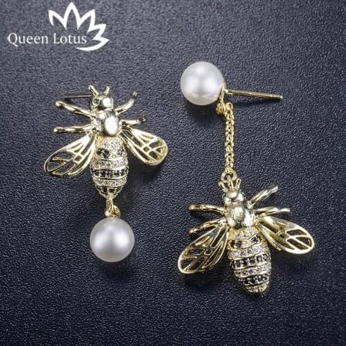 Queen Lotus 2018 New High Quality Fashion HoneyBee Pearl Long Earrings for Women For Gift