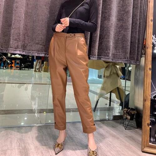 Women Pants 100% Genuine Sheep Leather 2020 Fashion Real Genuine Sheep Leather Crop Jeans Harem Pants