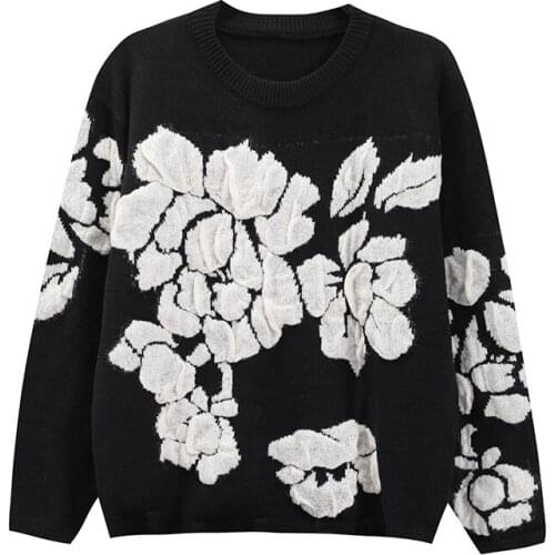 Floral Print Knitted Sweater Women 2020 Autumn Winter Pullover Femme Sweaters High Quality Knitted Oversize Black Sweater Jumper