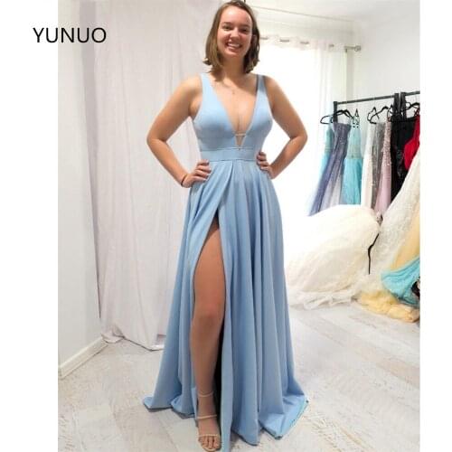 YUNUO A Line Satin Elegant Prom Dresses 2021 Sheer Deep V-neck Floor Length Evening Dress robe de soiree longue Side Slit