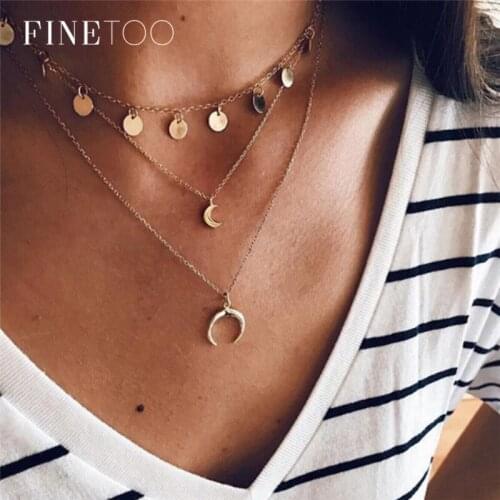 Boho Multi Layered Crescent Moon Necklace Fashion Gold Color Horn Statement Necklace Choker for Women