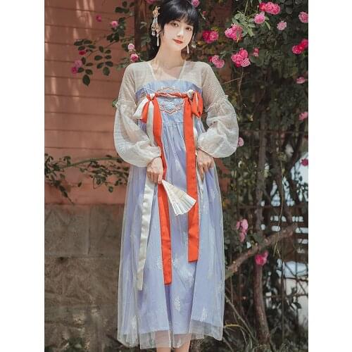 Summer New Style Chinese Style Retro Womens Hanfu Dress Literary Girl Style Mesh Embroidered Han Element Mid-Length Dress