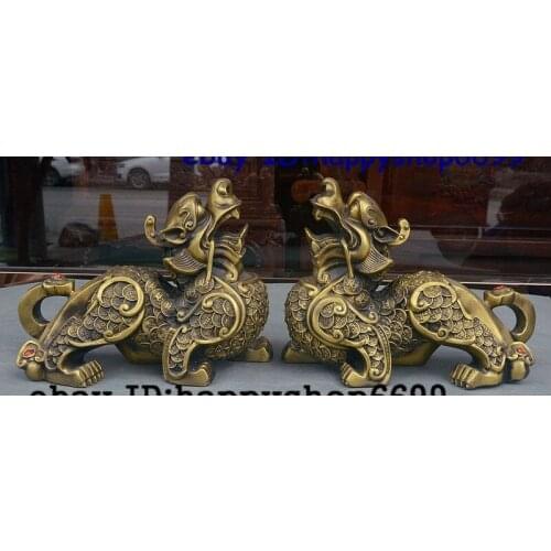 10 China fengshui animal Brass Wealth Guard Coin beast Unicorn Pixiu Statue Pair