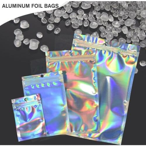 100pcs Laser Ziplock Bag Cosmetic Packaging Self Sealing Gift Bag Clear Holographic Jewelry Thick Aluminum Foil Zip Lock Bags