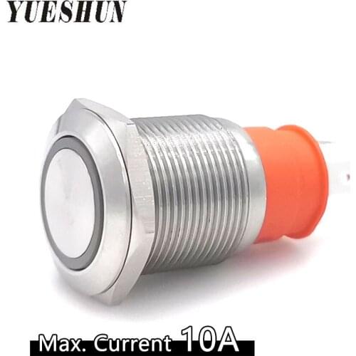 19mm High Current 10A Metal ip67 12V 220V Led Push button switch Waterproof Blue red led light Momentary Latching switches