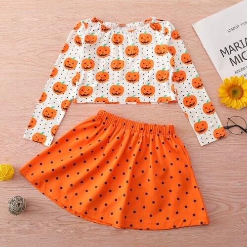 -4Y Autumn Lovely Baby Girls Halloween Clothes Sets Pumpkin Printed Long Sleeve Pullover Tops Dot A-Line Skirts