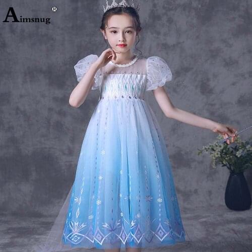 Aimsnug 2021 Summer Girl Princess Birthday Dresses Patchwork Lace Guaze Party Wedding Dress Children Petal Sleeve Mid-Calf Dress