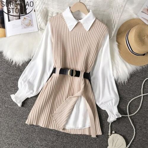 2021 New Spring and Autumn White Shirt Tops Female Knitted Vest Shirt Two-piece Set Long Shirt Loose Clothes Blusas Mujer 16050
