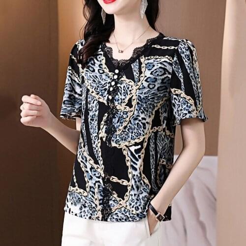 Summer Style Fashion Chiffon Women Short Sleeve Casual Blouses Shirts Chain Lace Stitching Large Size Loose Blusas TopsDM0107