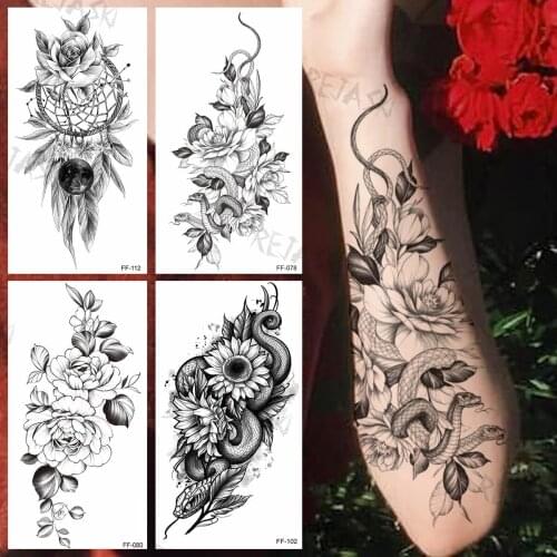 Flower Snake Temporary Tattoos For Women Forearm Girls Realistic Dream Catcher Feather Sunflower Fake Tattoo Sticker Arm Tatoos