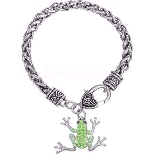Drop shipping Adorable Green Crystal Little Frog Charm Heart Clasp Claw Wheat Chain Bracelets