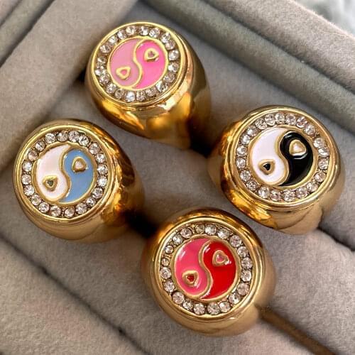 New Crystal Yin Yang Tai Chi Rings for Women Men Multicolor Enamel Charm Metal Chinese Style Ring Fashion Personality Jewelry