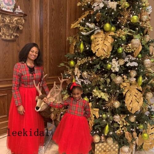 Long Sleeve Red Check Mother Daughter Christmas Festival Dresses Mom Kid Christmas Matching Dresses Custom Made