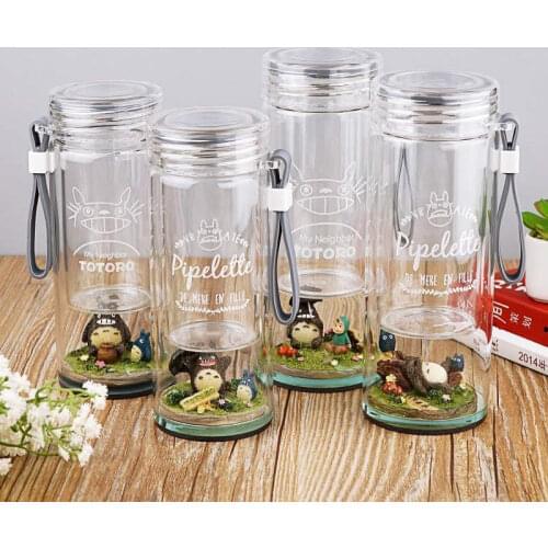 Creative Cute Totoro Cartoon Glass Portable Drinking Cup Double Layer Micro-Landscape Teacup with Lid and Rope Water Bottle