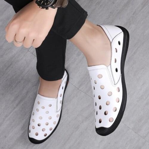 FIXSYS Summer Mens Slippers Leather Man Street Walk Shoes Outdoor Driving Shoes Summer Hollow Casual Shoes Lightweight Sandals