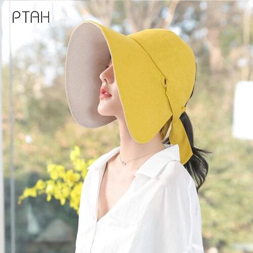 [PTAH] Summer New Womens Empty Top Hats Sun Protection Beach Hats Breathable Comfort Foldable Windproof Rope Cap Casual Female