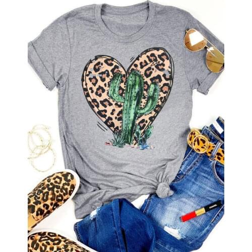Summer Short Sleeev O-Neck Tee Leopaed Printed Cactus Heart 100% Cotton T-Shirt Aesthetic Grunge Valentines Day gift Tops