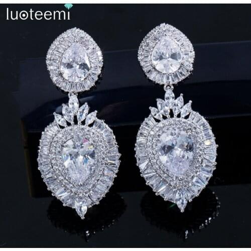 LUOTEEMI Luxury Double Waterdrop Cubic Zirconia Paved Bridal Wedding Earrings For Women White Gold-Color Elegant Jewelry Gift