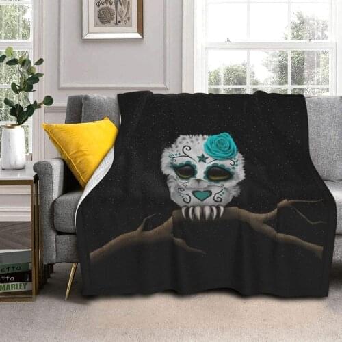 Cute Teal Day of The Dead Sugar Skull Owl Stars Sherpa Fleece Throw Blanket-Reversible Soft & Warm Perfect for Bed, Sofa and
