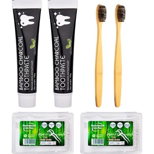 Teeth Whitening Natural Activated Bamboo Charcoal Toothpaste Kit Disposable Nylon Dental Floss With Toothbrush For Oral Hygiene