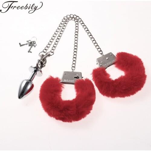 Metal Chain Plush Handcuffs With Small Anal Plug for Couple Anal Toys Bondage Training Games Slave Sex Restraints Adult Toys