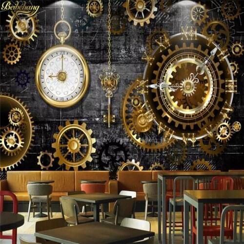 Beibehang Custom wallpaper mural 3D stereo European and American industrial wind gold gear clock mural wall papel de parede