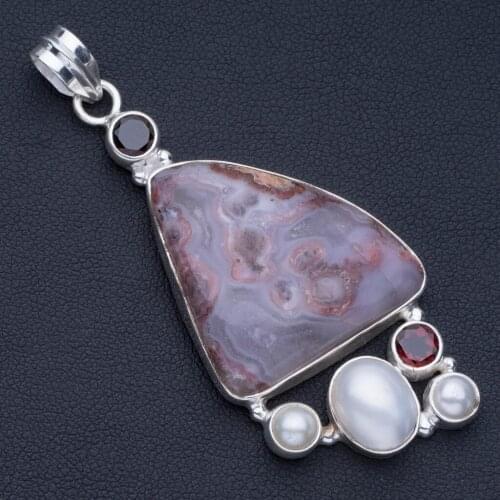 Natural Crazy Lace Agate,River Pearl and Garnet Punk Style 925 Sterling Silver Pendant 2 1/2" P0847