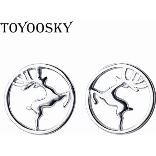 TOYOOSKY S925 Sterling Silver Christmas Hollow Reindeer Deer Earrings Stud Gift For Girl Kid Women Crystal Zircon Antlers Ear