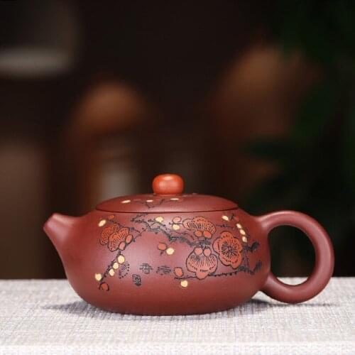 Recommended tea set of purple clay pottery carved plum blossom all hand gift custom lettering rhyme sea purple sand pot