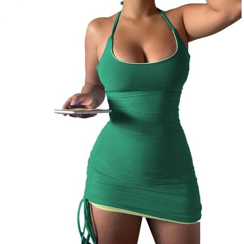Sexy Spaghetti Bodycon Mini Dress Women Summer Fashion Sleeveless Lace Up Vestidos Green Club Dresses For Women 2021 Robe Femme