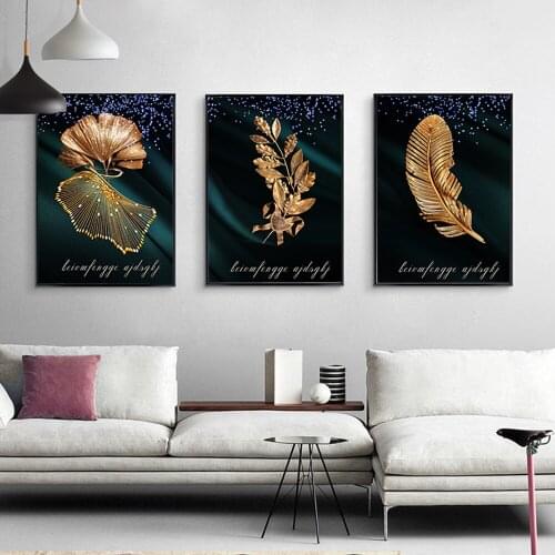 Nordic Golden Botanical leaves Poster Feathers Modern Canvas Quote Painting Natural Art Print Wall Picture For Living Home Decor