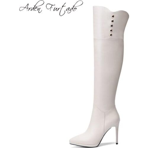 Arden Furtado fashion womens shoes pointed toe stilettos heels black zipper elegant creamy white over the knee high boots new