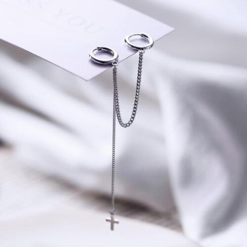 925 Sterling Silver Earring Fashion Personality Cross Animal Chain Double Hole Piece Ear Ring Wild Trend Boy Girl Ear Jewelry