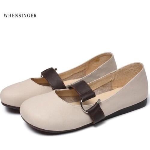 Whensinger - Women shoes Pointed toe Flat Slip on Loafers Ladies leather Ballet Flats Genuine Leather shoes for Women
