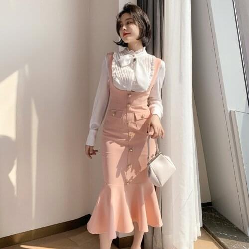 Fashion women elegant comfortable new arrival white ruffles shirt and sleeveless slim trumpet dress trend 2 pieces women set