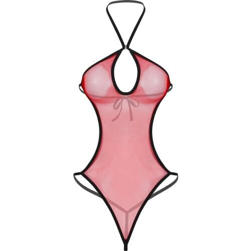 Womens See-through Sexy Thongs Bodysuit Underwear Mesh Lingerie Hot Sexy Costume Halter Neck Keyhole Backless Leotard Nightwear