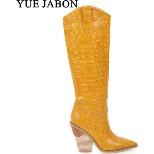 Winter Embossed Knee High Boots Women Strange Style High Heel Western Boots Pointed Toe Tall Shoes High Heel Ladies Chelsea Boot