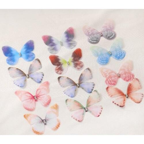 10pcs Double Layer Chiffon Rhinestone Colorful Butterfly Patch Clothes Earring Applique Diy Apparel Sewing Clothing Accessories