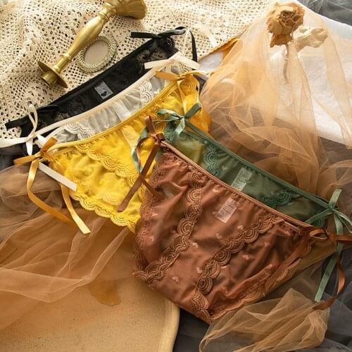 5 Colors/new Sexy Orange Underwear Female See-through Lace Japanese Sweet Lace-up Bowknot Ultra-thin Fashion Personality Briefs